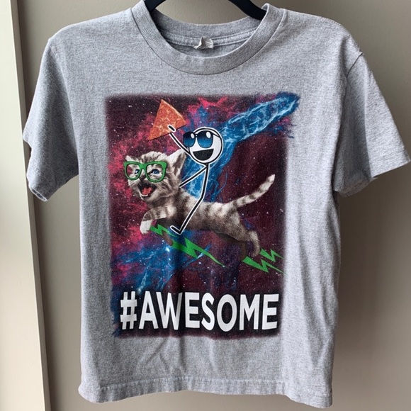 🩶5/$30 Alstyle Cat in Space with Pizza Stick Guy Gray Kids Tee Size Medium - Picture 1 of 7